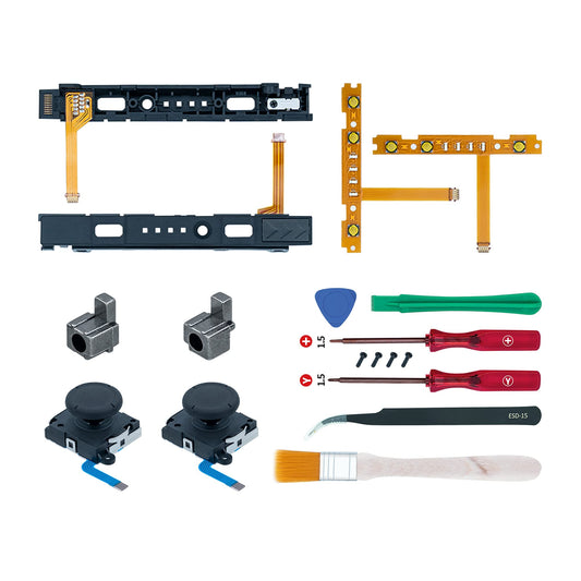 Mcbazel 18 in 1 Replacement Repair Kit for N-Switch Joy-Con with Screwdrivers Opening Tool  3D Left Right Analog Joysticks  Buckle Lock  Charging Port Slider  Button Sync Flex Cable Set (NOT for Switch 2)