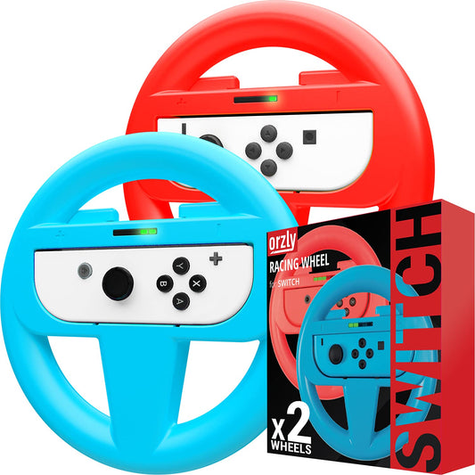 Orzly Steering Wheels for Nintendo Switch & OLED JoyCons  Racing Wheels for Mario Kart 8 Deluxe [Mariokart Switch Steering Wheel Joycon Controller Attachment Accessories] - TWIN PACK[1x Red & 1x Blue]
