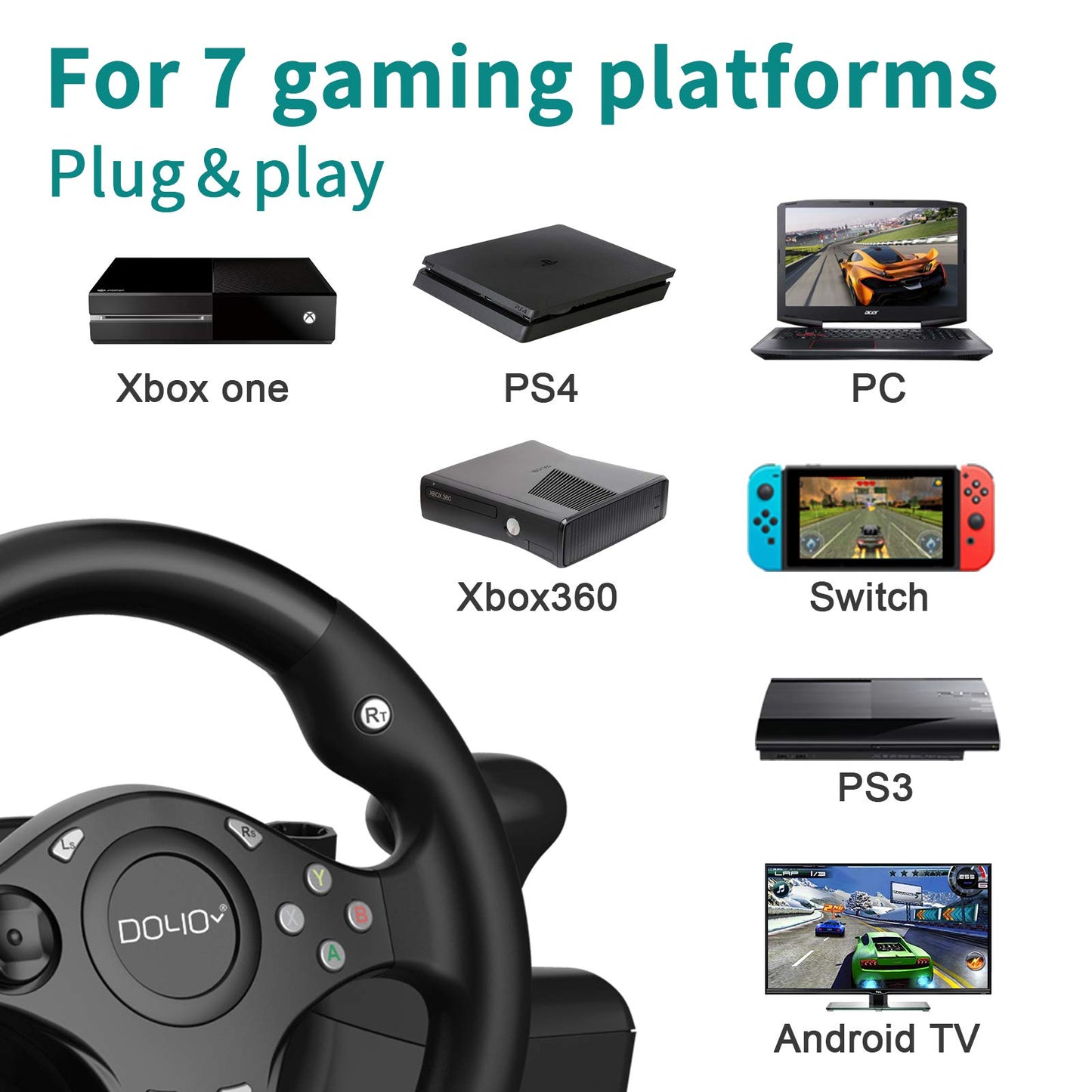 DOYO R270 Racing Wheel with Pedals for PC/Xbox/PS4/Switch - 270° Steering Wheel, Dual Vibration, Clamp Mount, 10.1 Inch