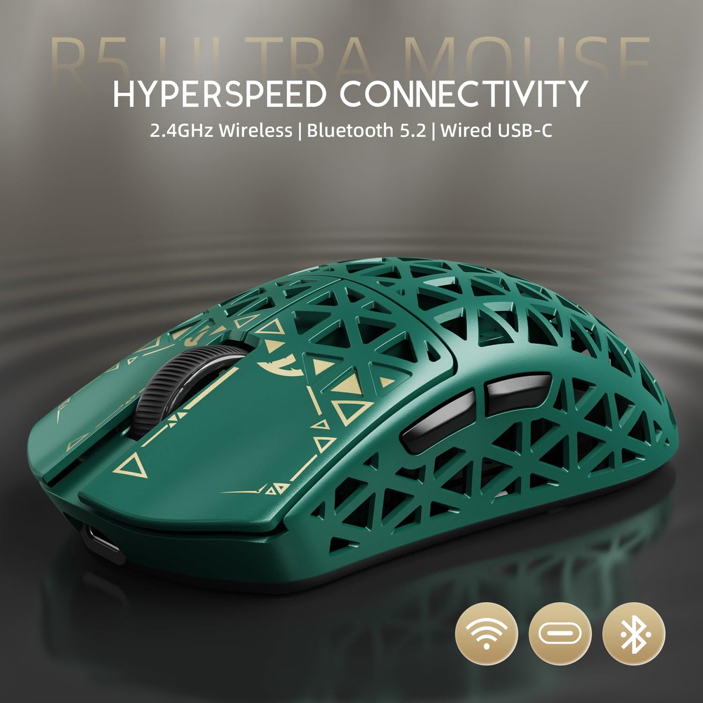 ATTACK SHARK R5 Ultra Wireless Gaming Mouse, 39g Superlight, 8K Polling, 42K DPI, Tri-Mode, Coiled Cable, Green