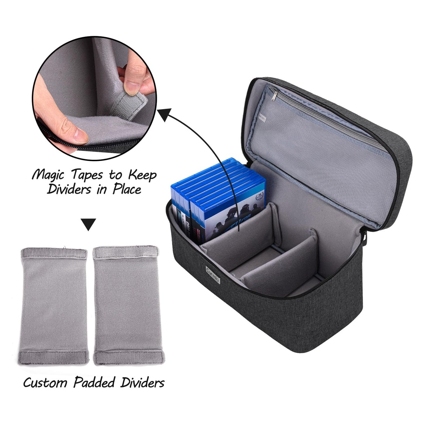 CURMIO Game Disc Storage Bag, Holds 24 Discs, Nylon, Black, Model CACR01601, Compatible with PS4, PS5, Xbox Series X/S