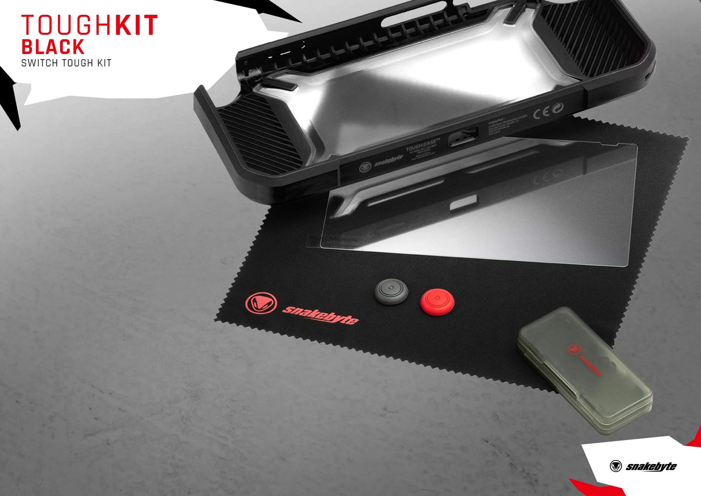 Snakebyte Tough Kit - Accessory Set for Nintendo Switch - Black - Includes Hard Case, H9 Glass Protector, Cleaning Cloth, Thumb Grips