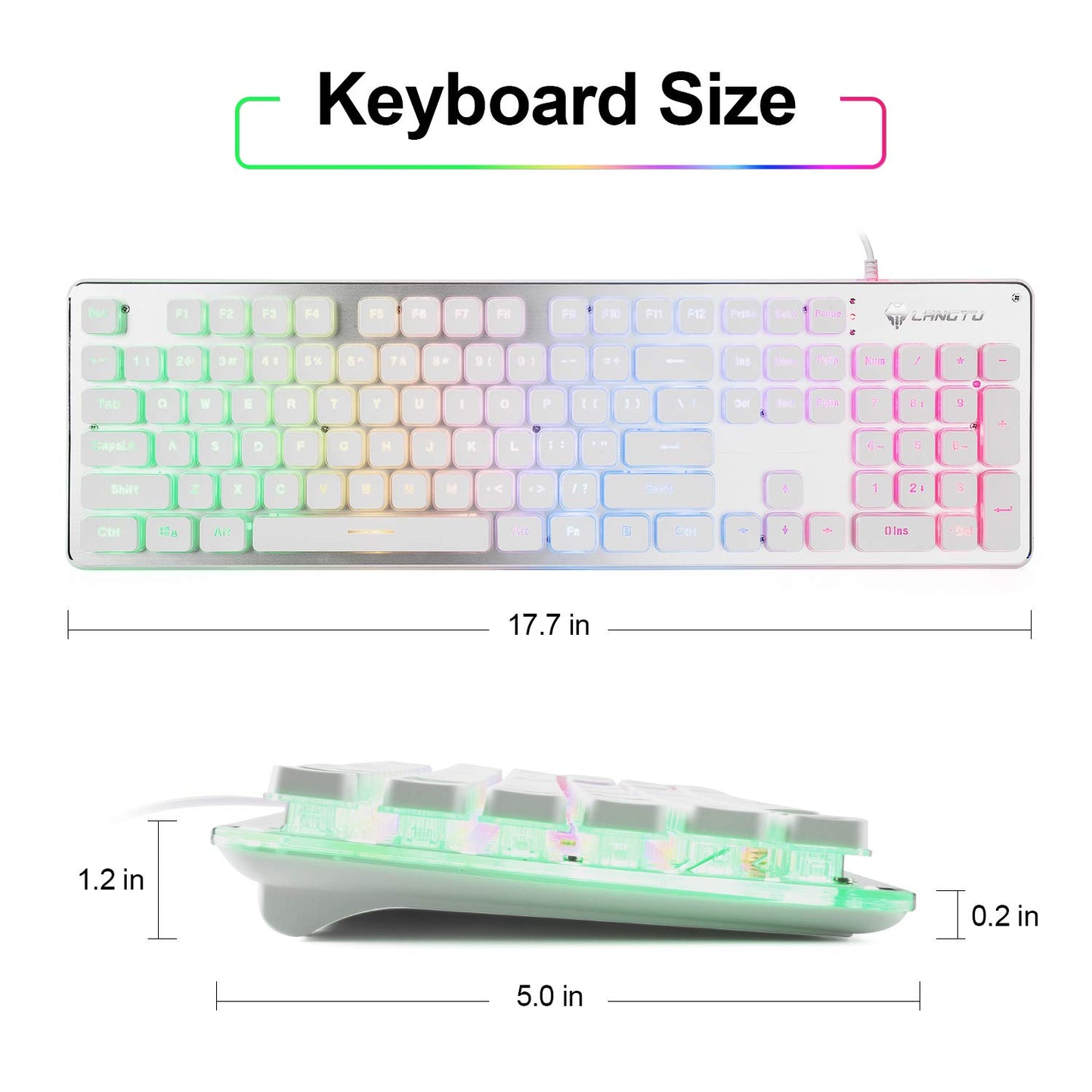 LANGTU L1 UK Membrane Gaming Keyboard, Rainbow LED Backlit, 104 Keys, Anti-Ghosting, USB Wired, White/Silver, 17.7x5x1.2 in