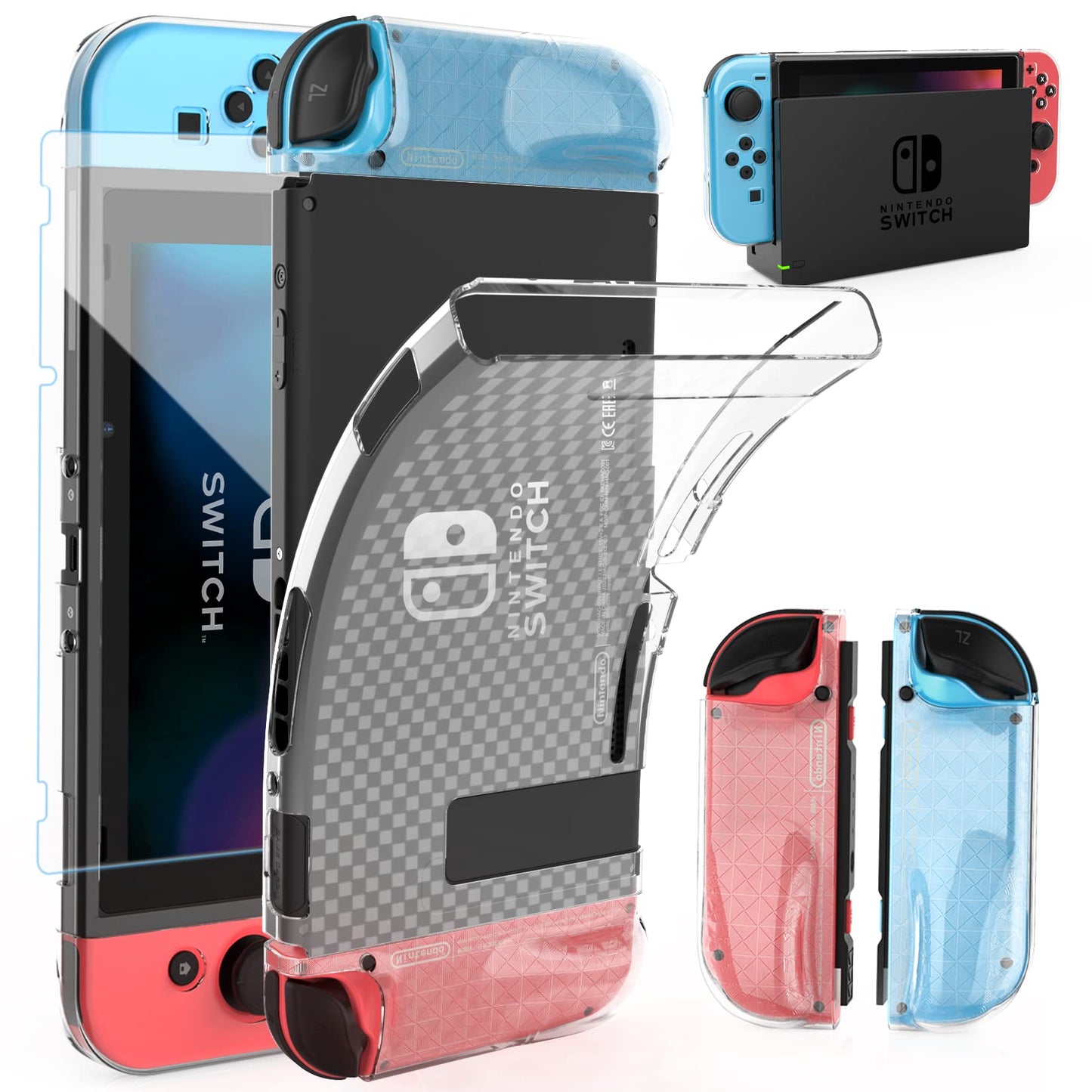 HEYSTOP Switch Case with Screen Protector for Nintendo Switch, Clear TPU, Includes 6 Thumb Grip Caps, Model AS-TPUCase-G