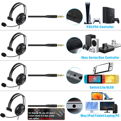 Joso Wired One Ear Headset with Mic, Flexible Mic, Black, Model CO25-1 - Compatible with PS5/PS4/Xbox/Switch/PC/iPad/Mac