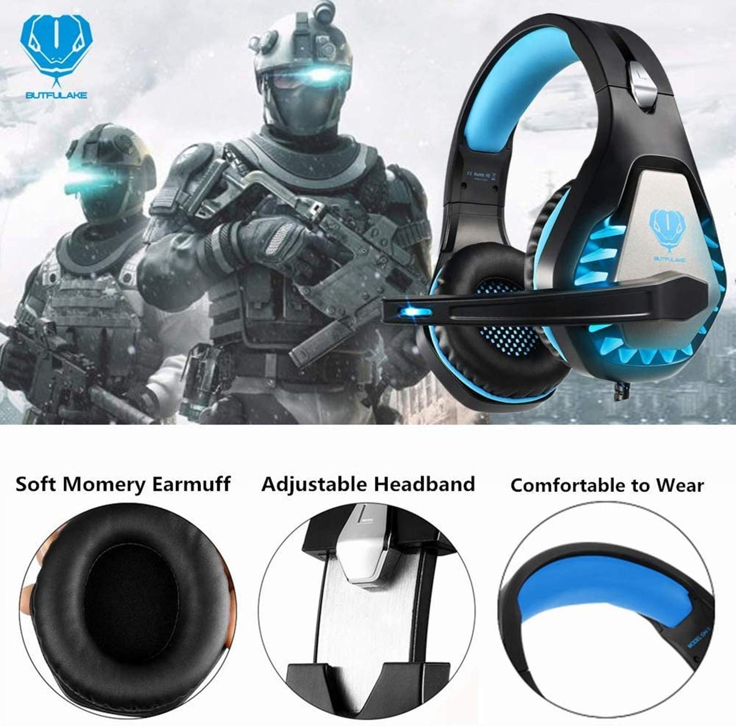 BUTFULAKE Gaming Headset - Noise Cancelling Over Ear Headphones with Mic, Bass Surround, Blue, Compatible with PS4, Xbox One, PC, PS5, Nintendo Switch