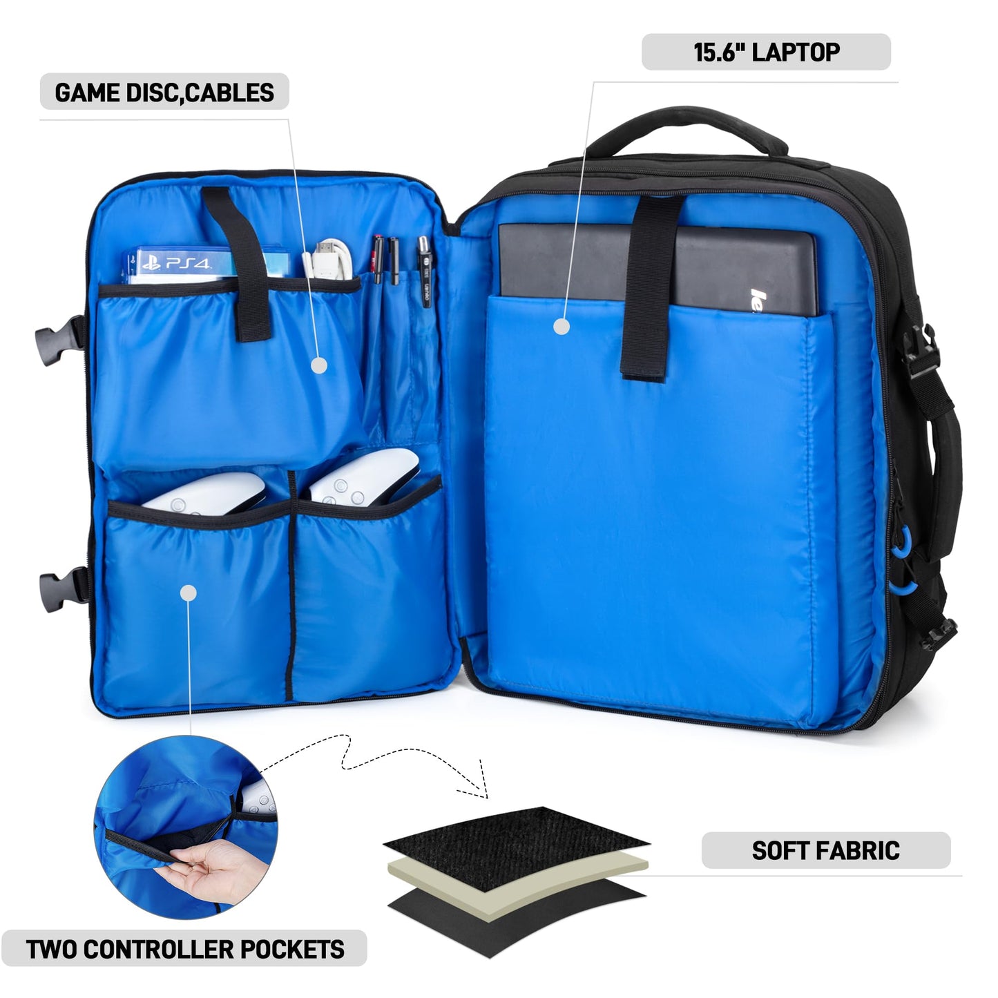 PGmoon Travel Backpack for PS5, Protective Case for Controllers & 15.6" Laptop, Medium to Large, Black, Model CAPG00701