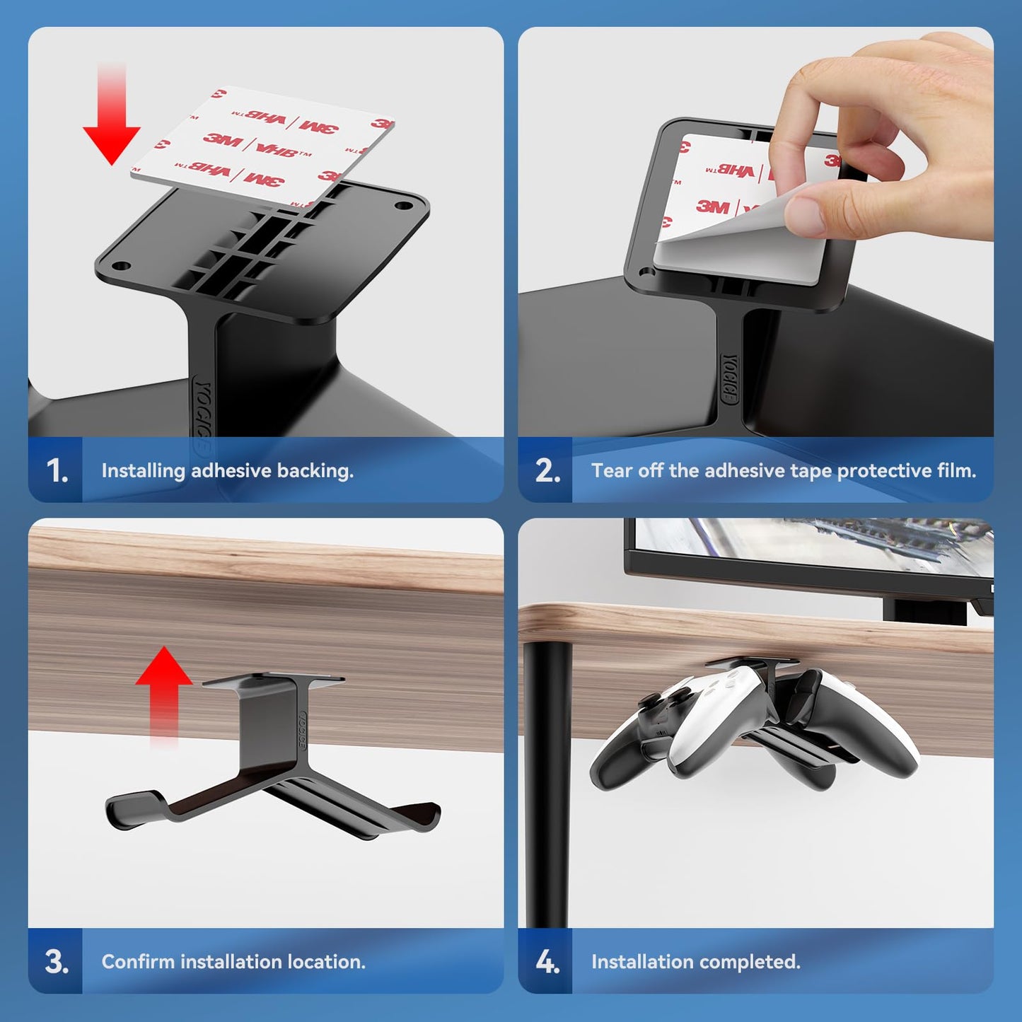 Yocice Controller Holder & Headphone Stand, Under Desk Design, Strong Double Sided Tape, Compatible with Xbox ONE, PS5, PS4, PC, Black