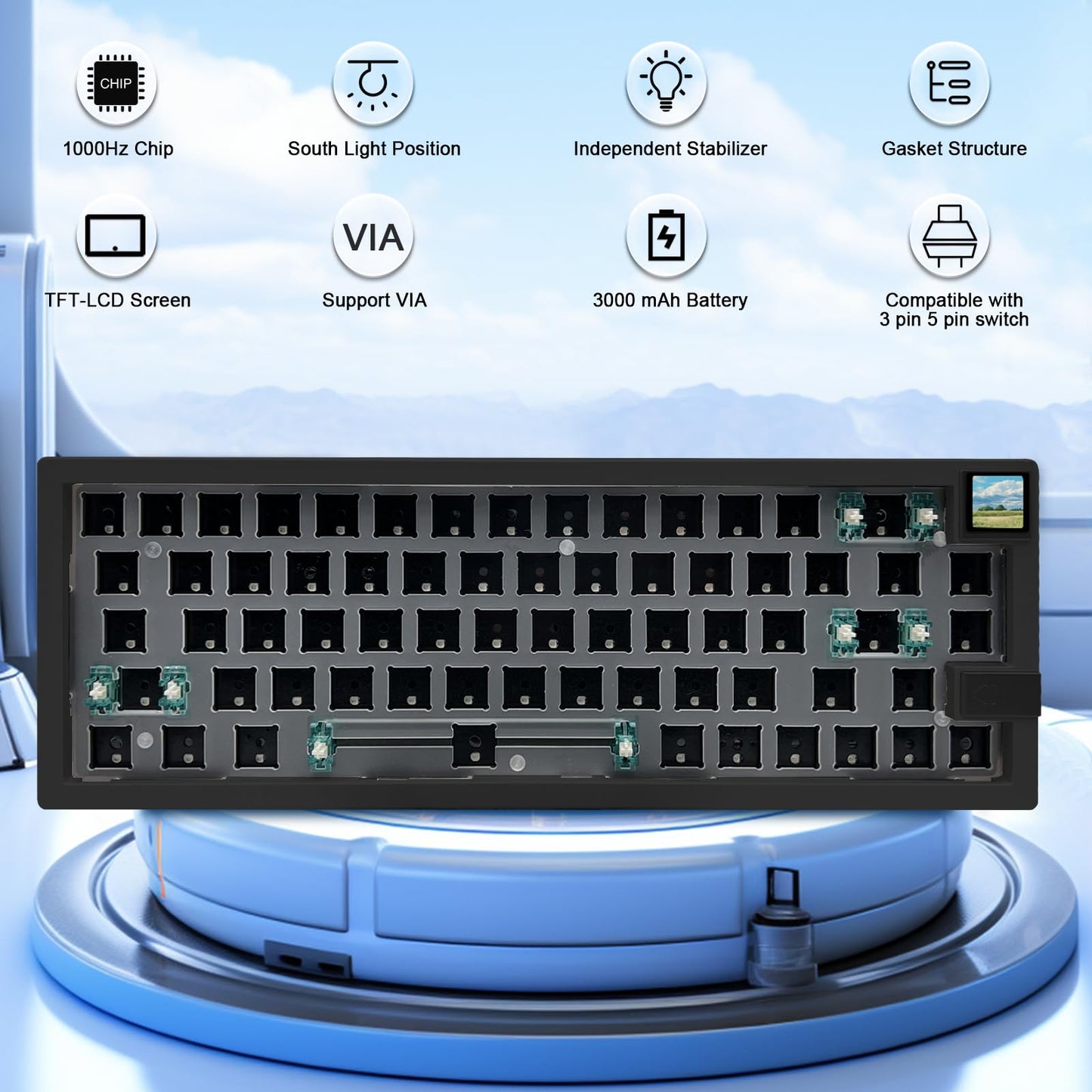 ZMX GMK67S 65% Gasket Mount Wireless Mechanical Keyboard - Hot Swap PCB, BT5.0/2.4G, Custom RGB, TFT-LCD Screen, Black