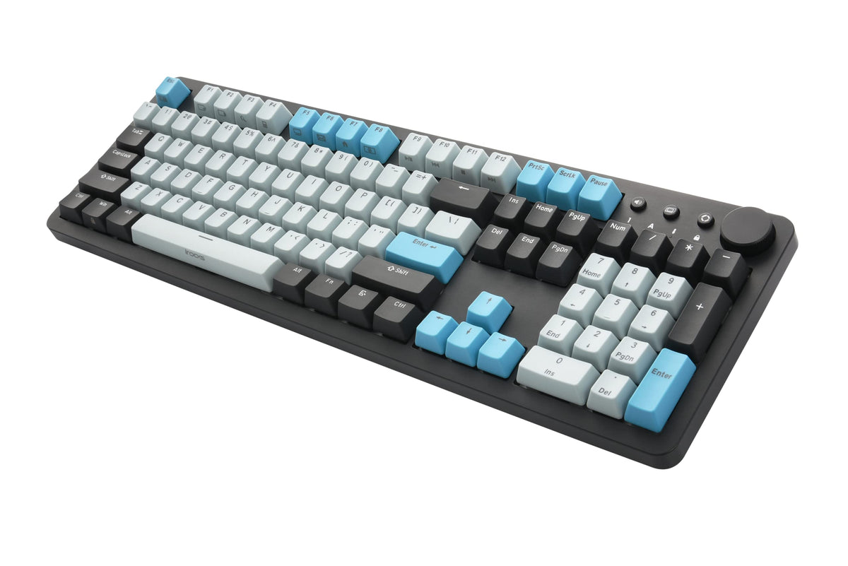 i-rocks K73M Mechanical Gaming Keyboard with Media Control Knob  107 Keys  PBT Keycaps  Multimedia Hotkeys  Detachable USB-C Cable (Cherry MX Brown Switches  Cyberpunk Blue)