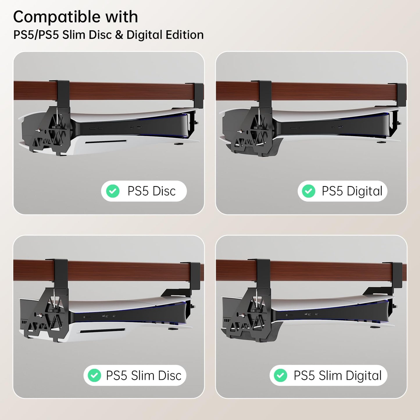Hosanwell PS5 Under Desk Mount - No-Drill Clamp for PS5 & PS5 Slim, Model HOS-PS5, Includes Clamps, Screws, EVA Foam