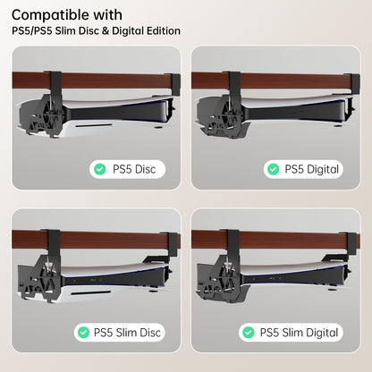 Hosanwell PS5 Under Desk Mount - No-Drill Clamp for PS5 & PS5 Slim, Model HOS-PS5, Includes Clamps, Screws, EVA Foam
