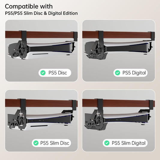 Hosanwell PS5 Under Desk Mount - No-Drill Clamp for PS5 & PS5 Slim, Model HOS-PS5, Includes Clamps, Screws, EVA Foam