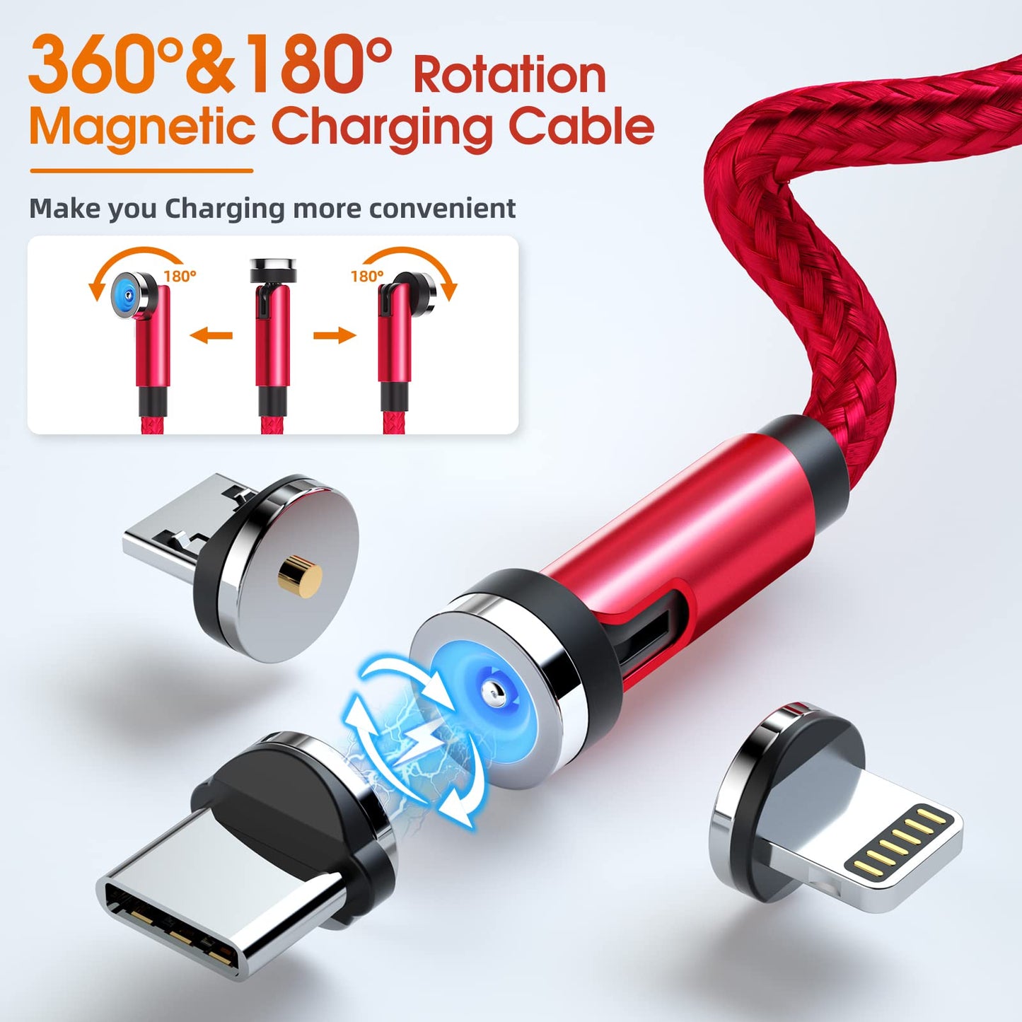Ankndo Magnetic Charging Cable 7-Pack - 3 in 1 USB Nylon Braided, 1.6FT to 10FT, Red, Model CC56
