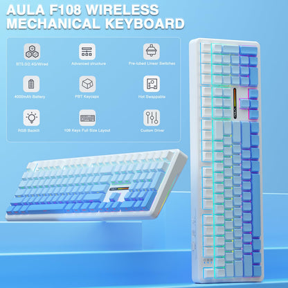 AULA F108 Wireless Mechanical Keyboard - Hot Swappable, RGB Backlit, 108 Keys, BT5.0/USB-C/2.4GHz, No Knob-Gradient Blue