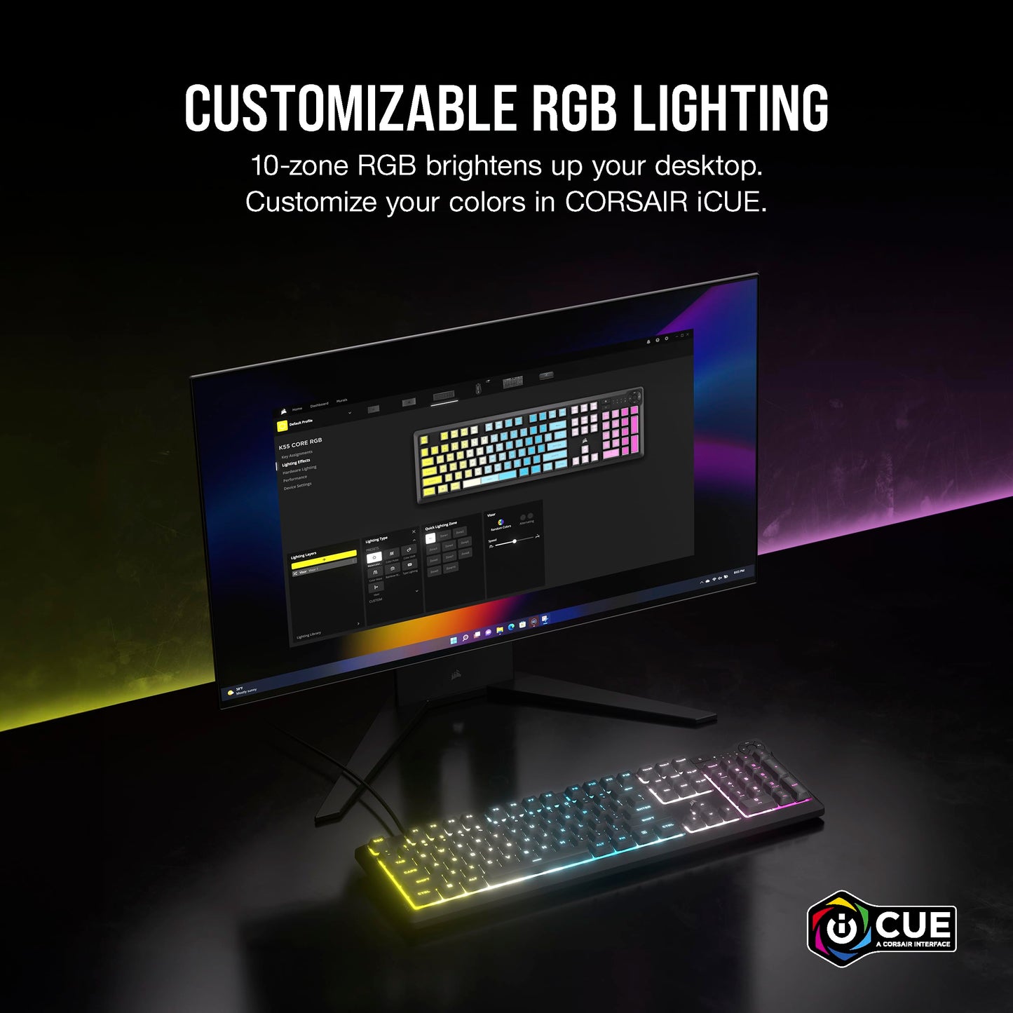 Corsair K55 CORE RGB Gaming Keyboard - Quiet Switches, Spill Resistant, Ten-Zone RGB, Media Keys, QWERTY NA, Gray