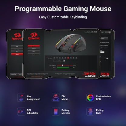 Redragon M915WL-RGB Wireless Gaming Mouse, 16000 DPI, Ergonomic, 9 Macro Buttons, RGB Backlight, Black