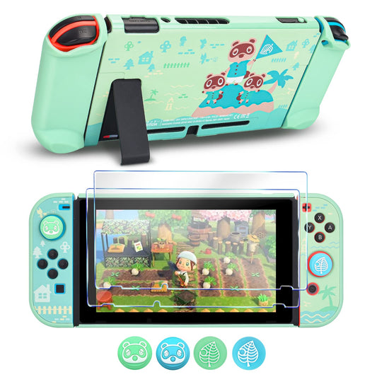 DLseego Protective Case Design for Switch Model  Newest Pattern Animal Crossing Design Cover Case with 2 Pcs Glass Screen Protectors and 4 Pcs Cute Thumb Grip Caps Green Accessories Set