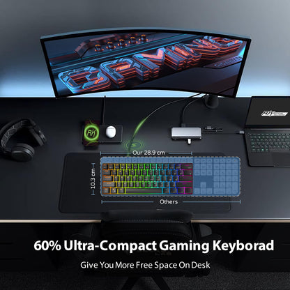RK ROYAL KLUDGE RK61 60% Mechanical Gaming Keyboard, Hot-Swappable Red Switch, RGB Backlit, Black, Durable ABS Material