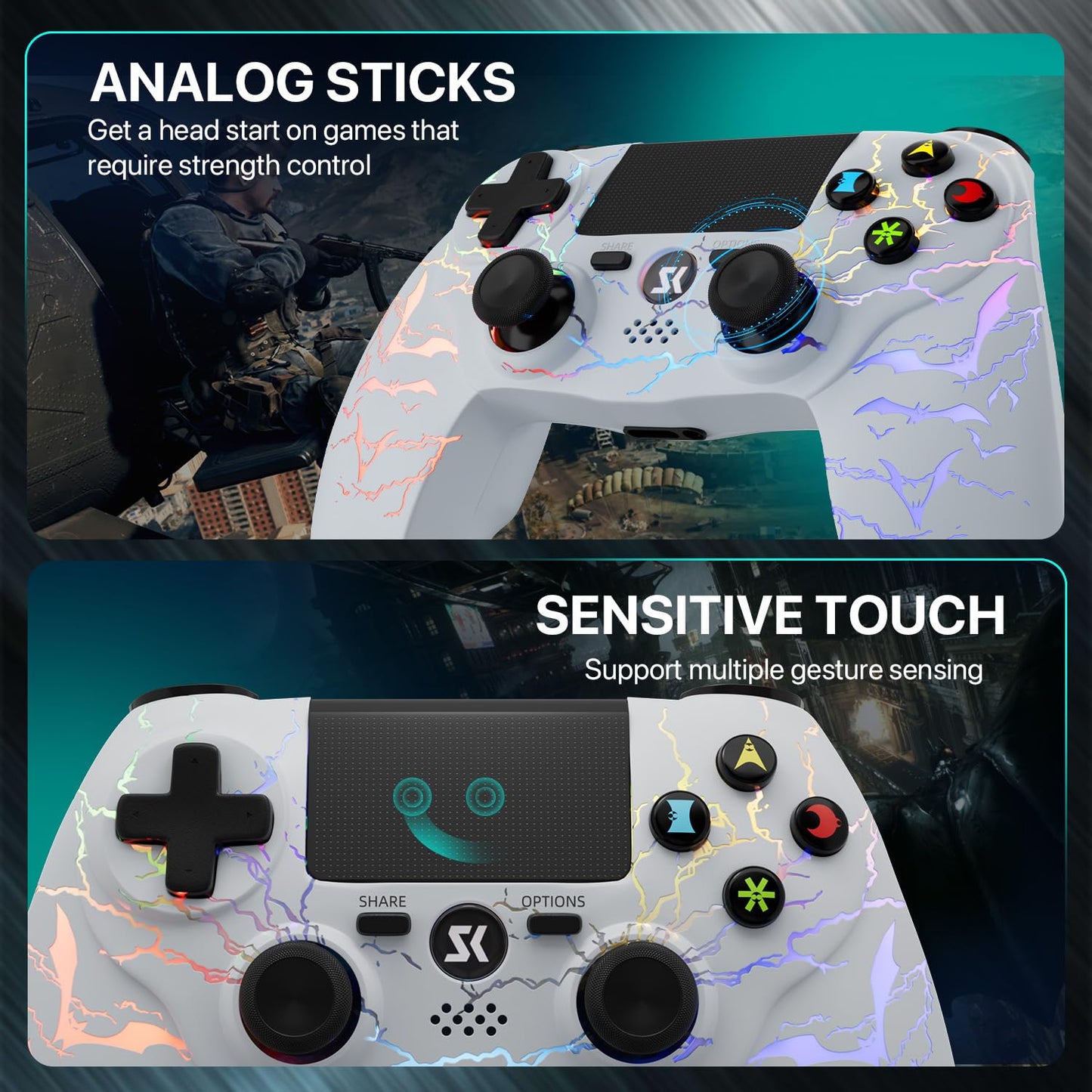 ISHAKO PS4 Controller - RGB Light, 1000mAh Battery, Double Vibration, 6-Axis Motion Control, 3.5mm Audio Jack - White