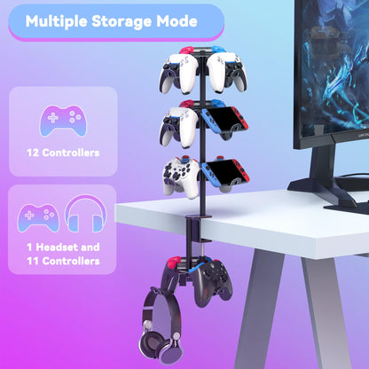 DGPCT Rotatable 4 Tier Desk Clamp Headset Stand for PS5, Xbox, PC - Black Aluminum Gaming Headphone Hanger