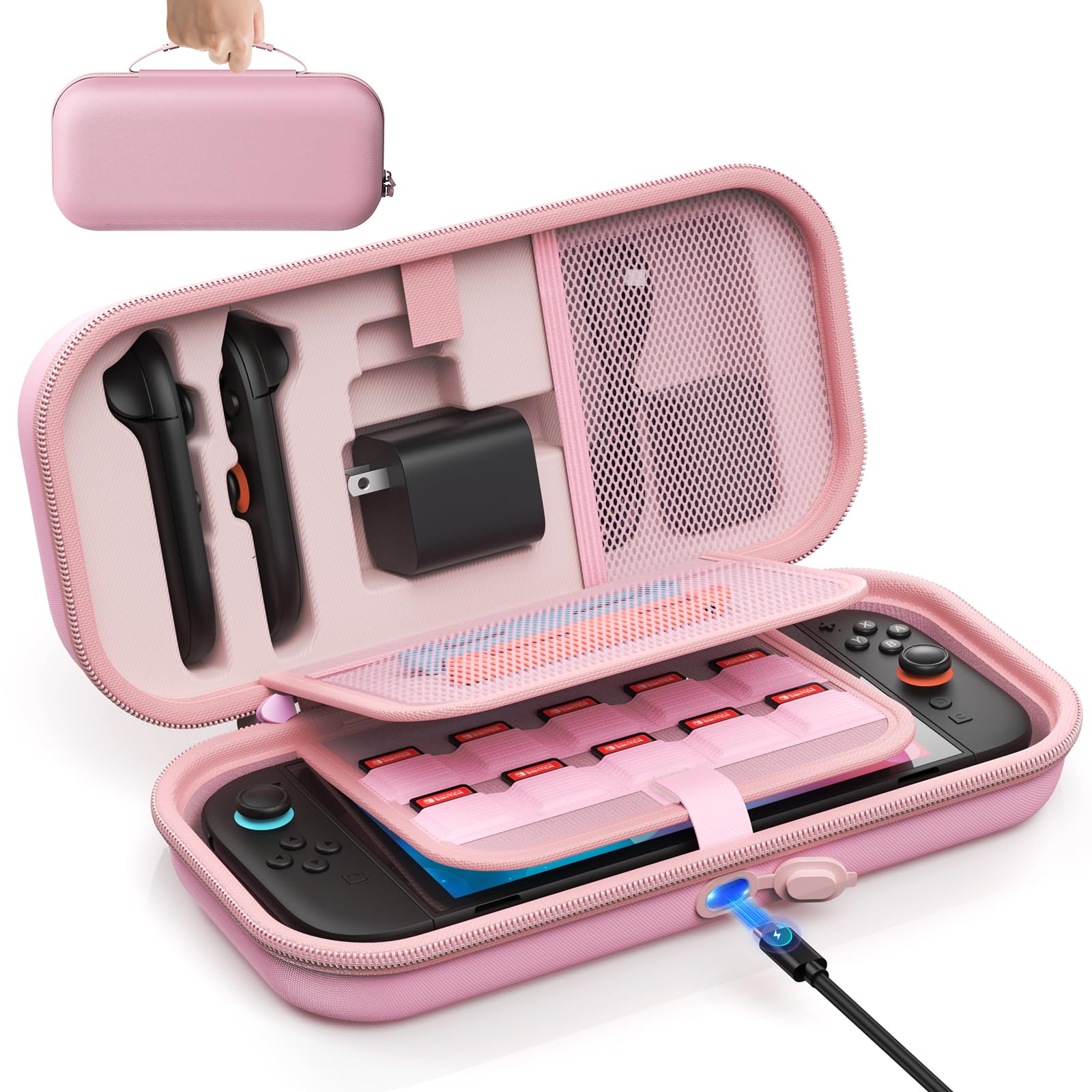 [Charge inside] Carrying Case for Nintendo Switch 2 2025 / Switch OLED / Switch with Adapter and Joy-Con Storage  Travel Case for Switch 2 Console with 22 Game Card Storage (Pink)