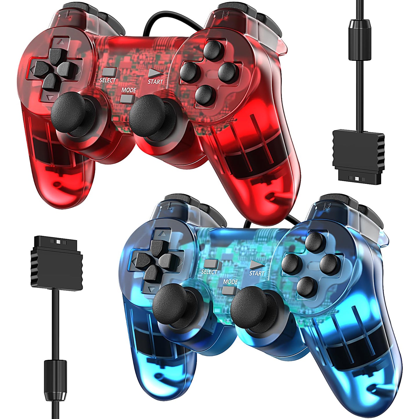 Zeion Wired PS2 Double Shock Controller 2 Pack - Clear Red & Clear Blue Gamepad