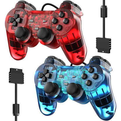 Zeion Wired PS2 Double Shock Controller 2 Pack - Clear Red & Clear Blue Gamepad