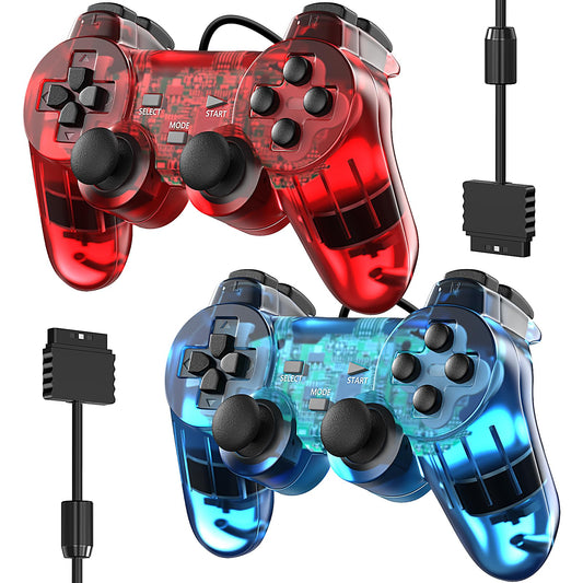 Zeion Wired PS2 Double Shock Controller 2 Pack - Clear Red & Clear Blue Gamepad