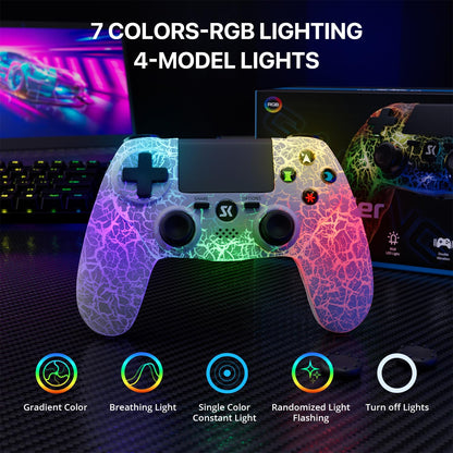 ISHAKO Wireless Controller for PS4/PS3/PC/iOS/Android - RGB Lights, Dual Vibration, 1000mAh Battery, Model SN415LW, White