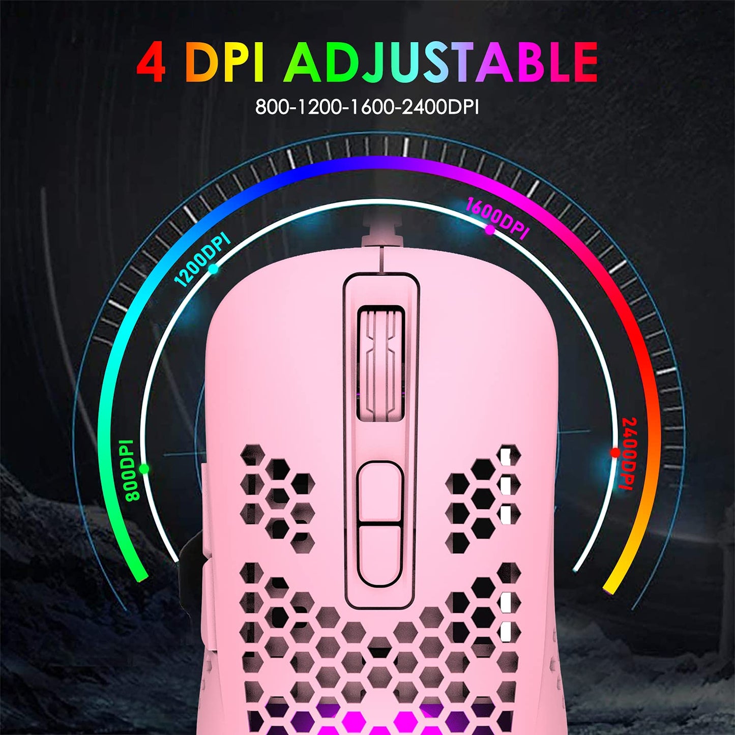 KUIYN Ultralight Wired Gaming Mouse - Honeycomb Shell, 4 RGB Lighting, 4 Adjustable DPI, Pink