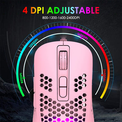 KUIYN Ultralight Wired Gaming Mouse - Honeycomb Shell, 4 RGB Lighting, 4 Adjustable DPI, Pink