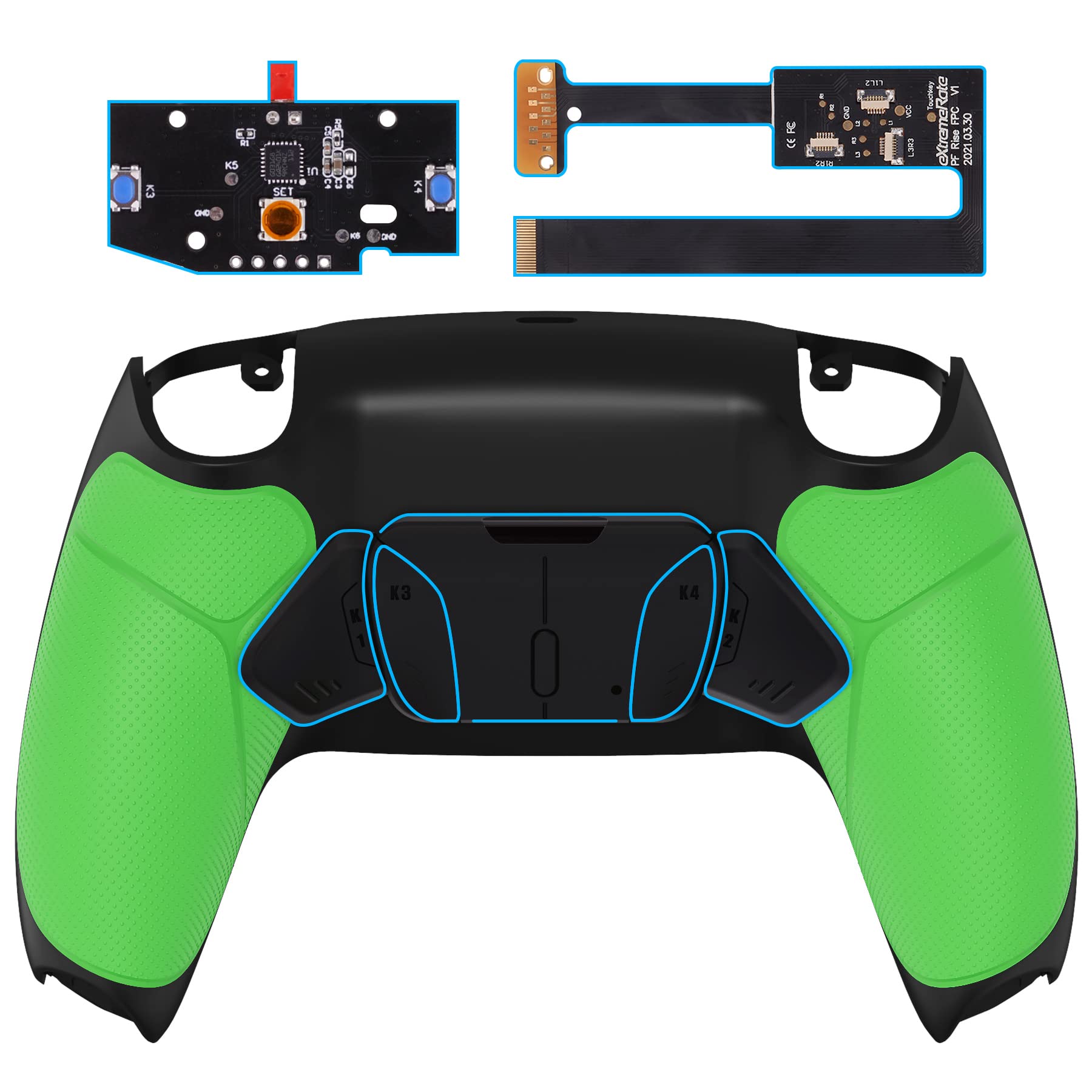 eXtremeRate Green Rubberized Grip Programable RISE4 Remap Kit for PS5 Controller BDM 010 & BDM 020  Upgrade Board & Redesigned Back Shell & 4 Back Buttons for PS5 Controller - Controller NOT Include
