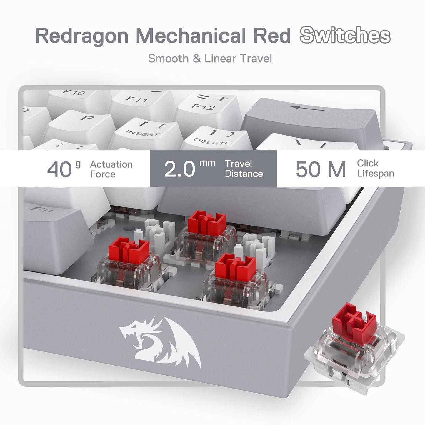 Redragon K617 Fizz 60% Wired RGB Mechanical Keyboard, 61 Keys, Linear Red Switch, Grey & White Keycaps