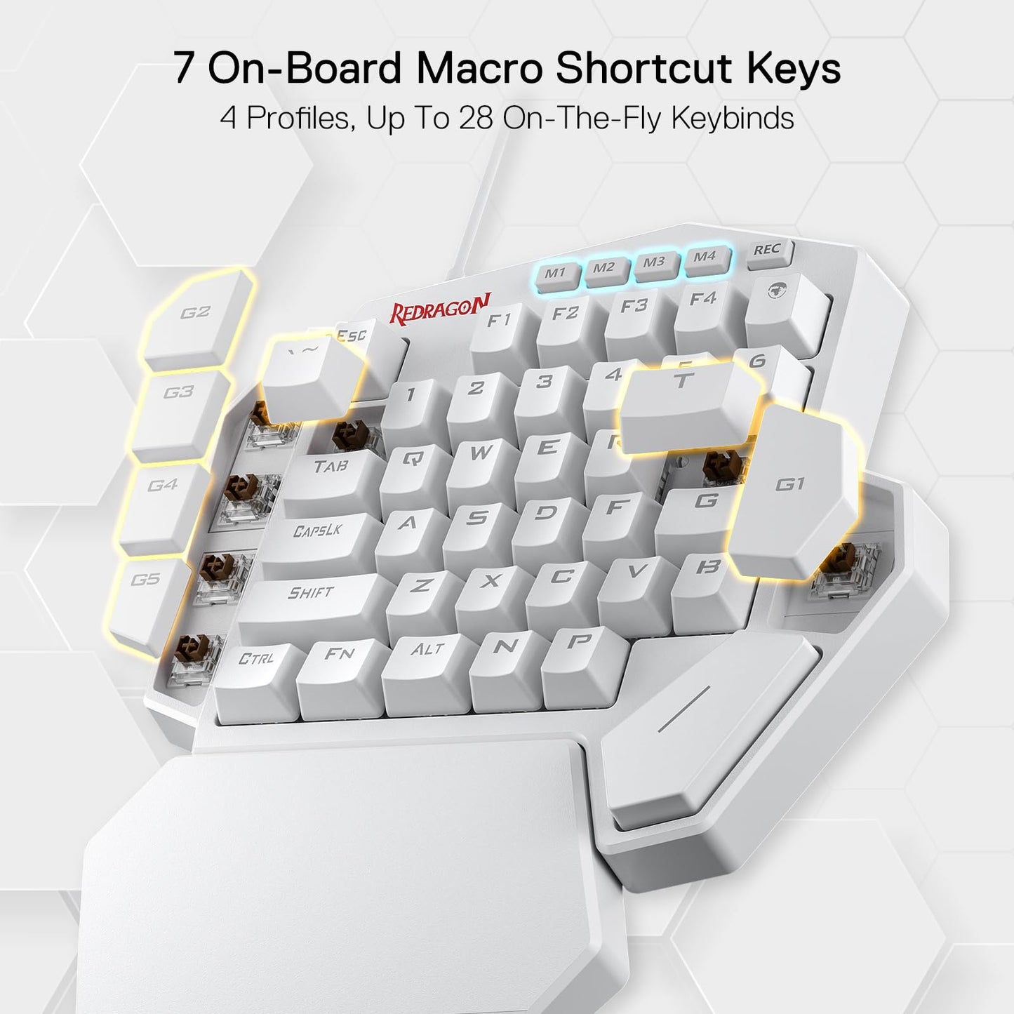 Redragon K585 One-Handed RGB Mechanical Gaming Keyboard, 42 Keys, Brown Switch, Type-C, White K585, Detachable Wrist Rest