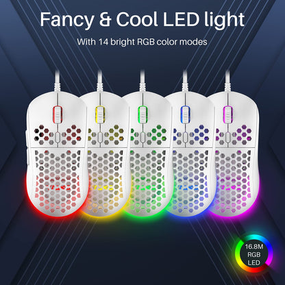 DIERYA M1SE Wired Gaming Mouse - 12800DPI Optical Sensor, 6 Programmable Macros, RGB, White