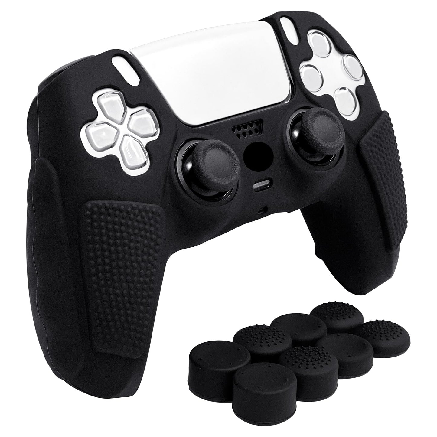 HLRAO Anti-Slip Black PS5 Controller Skin Soft Thicken Studded Protective Silicone Cover Skin Grips Compatible with PS5/Slim/Pro Controller and 8 PCS Thumb Grips Caps.