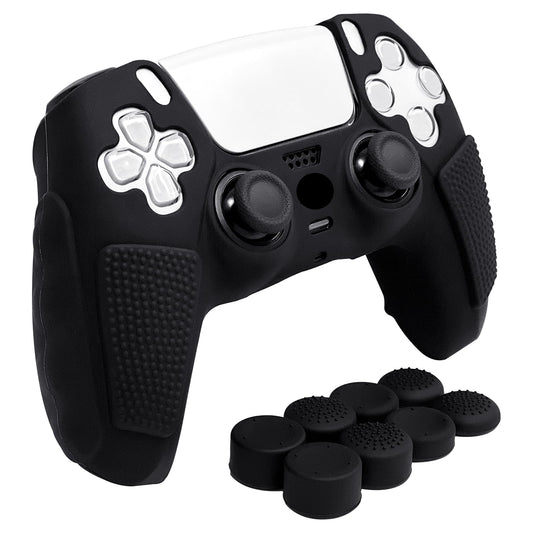 HLRAO Anti-Slip Black PS5 Controller Skin Soft Thicken Studded Protective Silicone Cover Skin Grips Compatible with PS5/Slim/Pro Controller and 8 PCS Thumb Grips Caps.