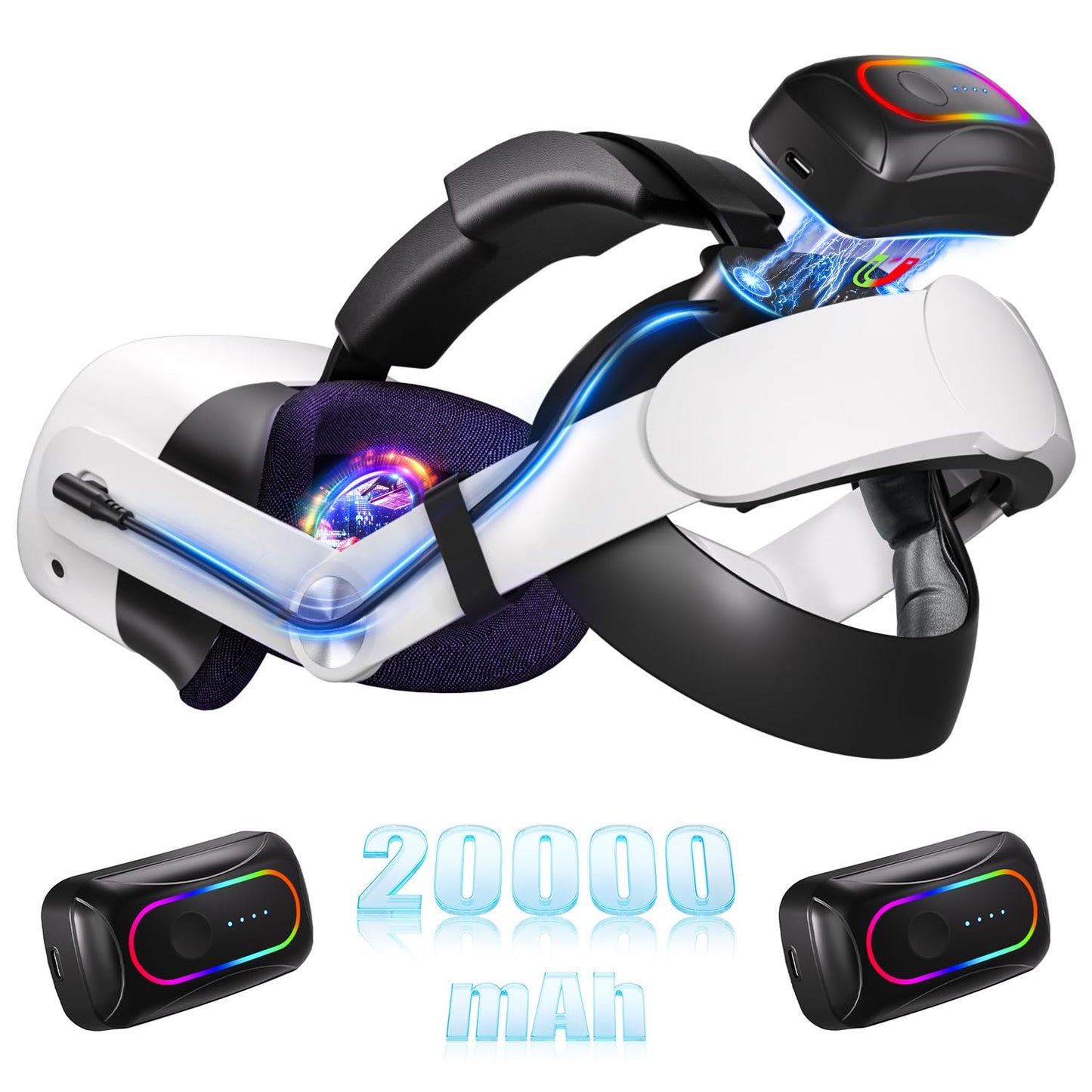 Dual Magnetic Battery Head Strap 20000mAh Compatible with Meta Quest 3/3S - Includes 2 Rechargeable Battery Packs for Charging and Extended Playtime - Adjustable Ergonomic Design Head Strap Accessories