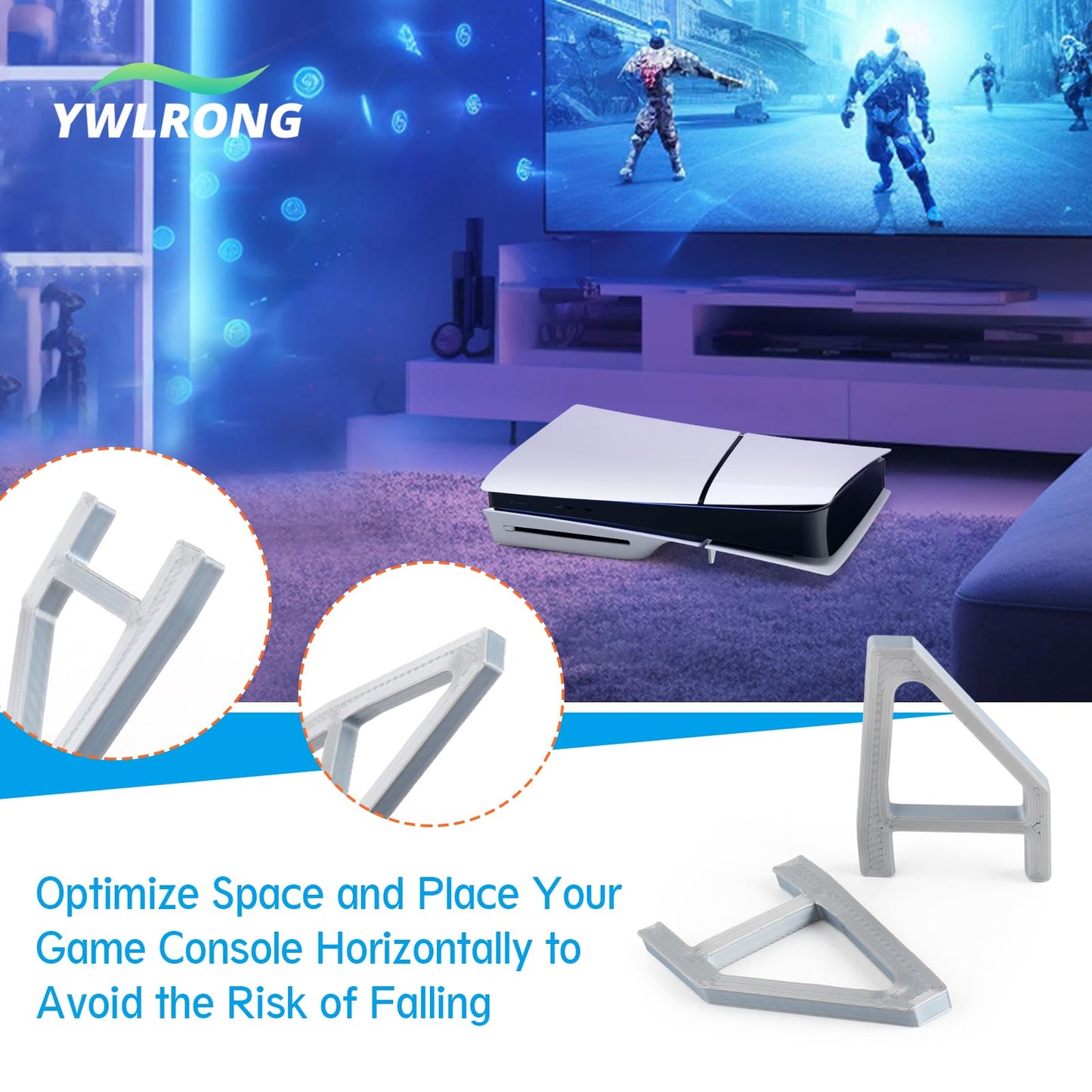 YWLRONG PS5 Slim Stand Bracket Holder - 4Pcs Flat Base, Compatible with PlayStation 5 Slim Disc Edition, Black+Grey