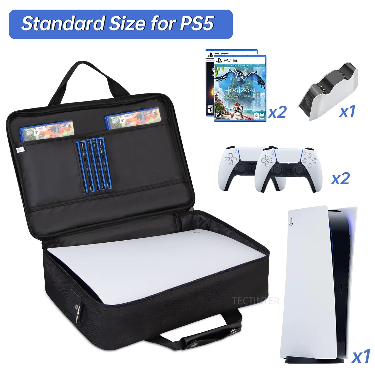 TECTINTER PS5 Carrying Case - Travel Bag for PlayStation 5, Soft Polyester, Blue, Model P5-01078, Holds Controllers & Game Cards