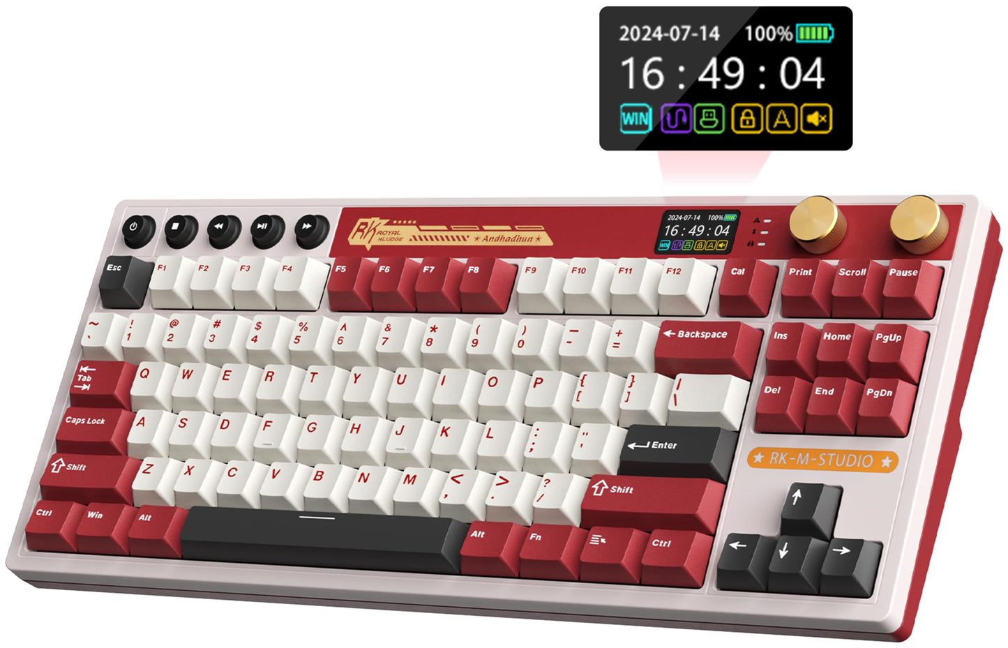 RK ROYAL KLUDGE M87 Wireless Gaming Keyboard with Screen and Dual Knob  75% Percent 2.4Ghz/Bluetooth/USB-C Mechanical Keyboard with Gasket Structure  RGB Backlit Hot Swappable Cream Switch  Red