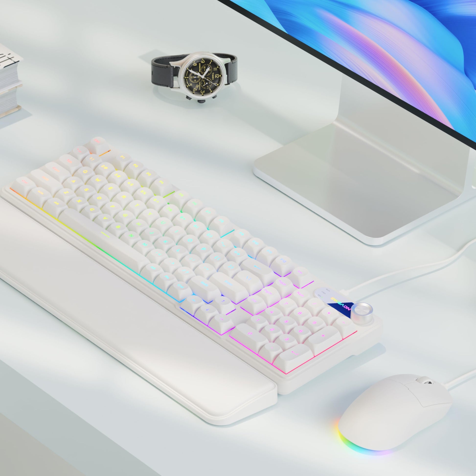 EWEADN C98 Gaming Keyboard and Mouse  Wired PC Gaming Keyboards with Multimedia Knob  Wrist Palm& 3200 DPI  RGB Backlit Computer Keyboard  Quiet Membrane Gaming Keyboard for Windows/MAC/Laptop (White)
