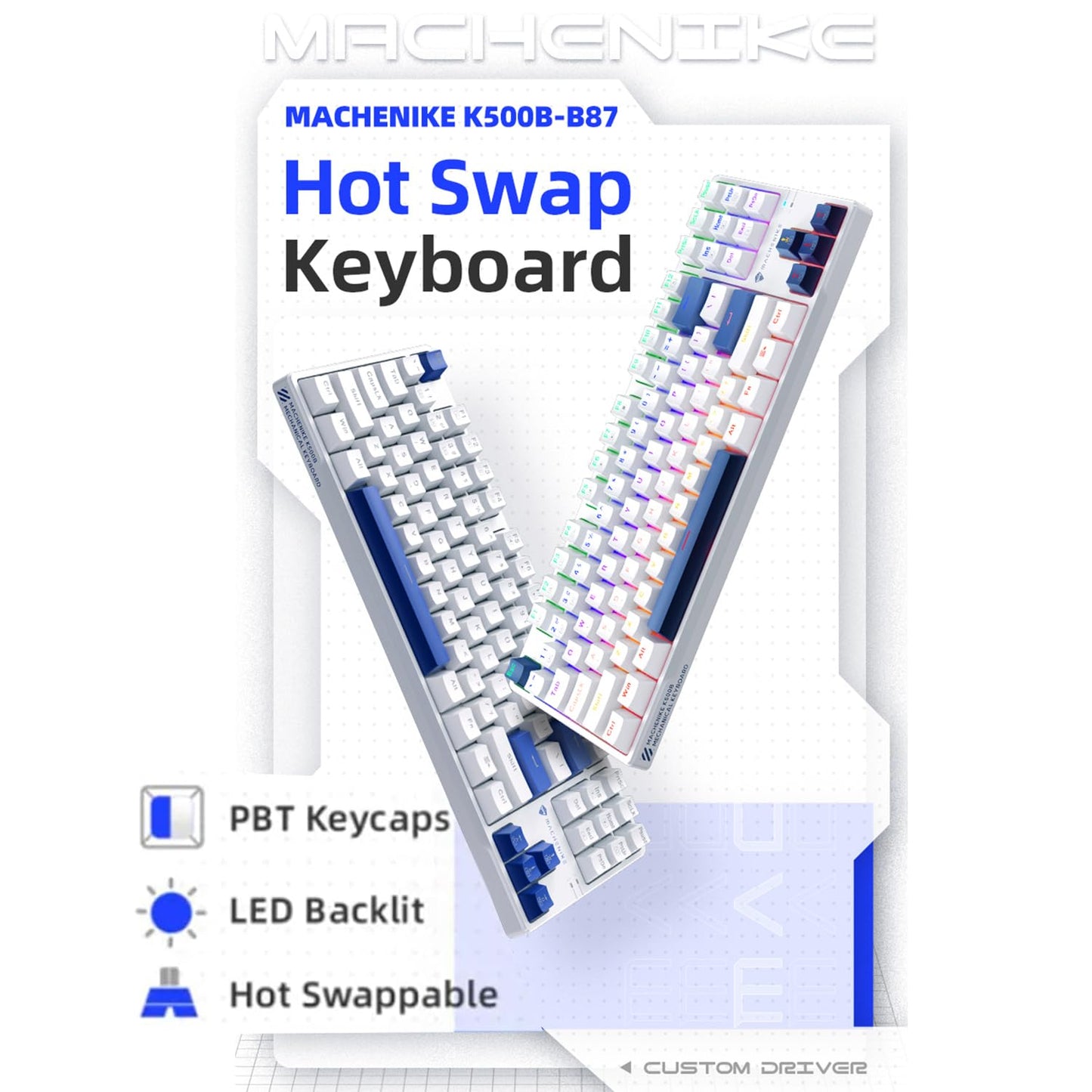Machenike K500B-B87 TKL Mechanical Gaming Keyboard, 87 Keys, Hot Swappable Blue Switch, RGB Backlit, White/Blue