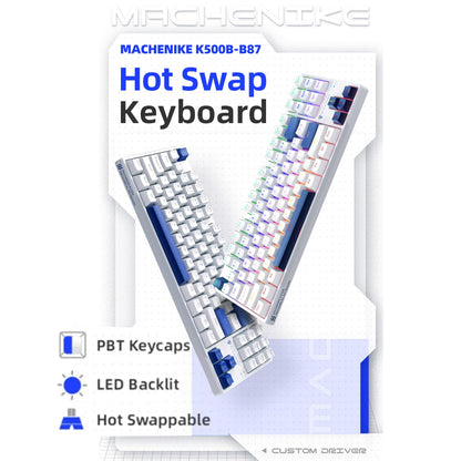 Machenike K500B-B87 TKL Mechanical Gaming Keyboard, 87 Keys, Hot Swappable Blue Switch, RGB Backlit, White/Blue