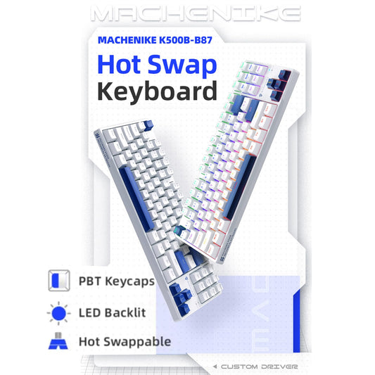 Machenike K500B-B87 TKL Mechanical Gaming Keyboard, 87 Keys, Hot Swappable Blue Switch, RGB Backlit, White/Blue