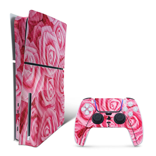 MightySkins Carbon Fiber Skin for PS5 Playstation 5 Slim Disc Edition Bundle - Super Pink Roses Protective  Durable Textured Carbon Fiber Finish Easy to Apply and Change Styles Made in The USA