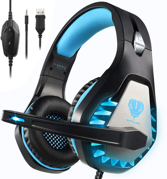BUTFULAKE Gaming Headset - Noise Cancelling Over Ear Headphones with Mic, Bass Surround, Blue, Compatible with PS4, Xbox One, PC, PS5, Nintendo Switch