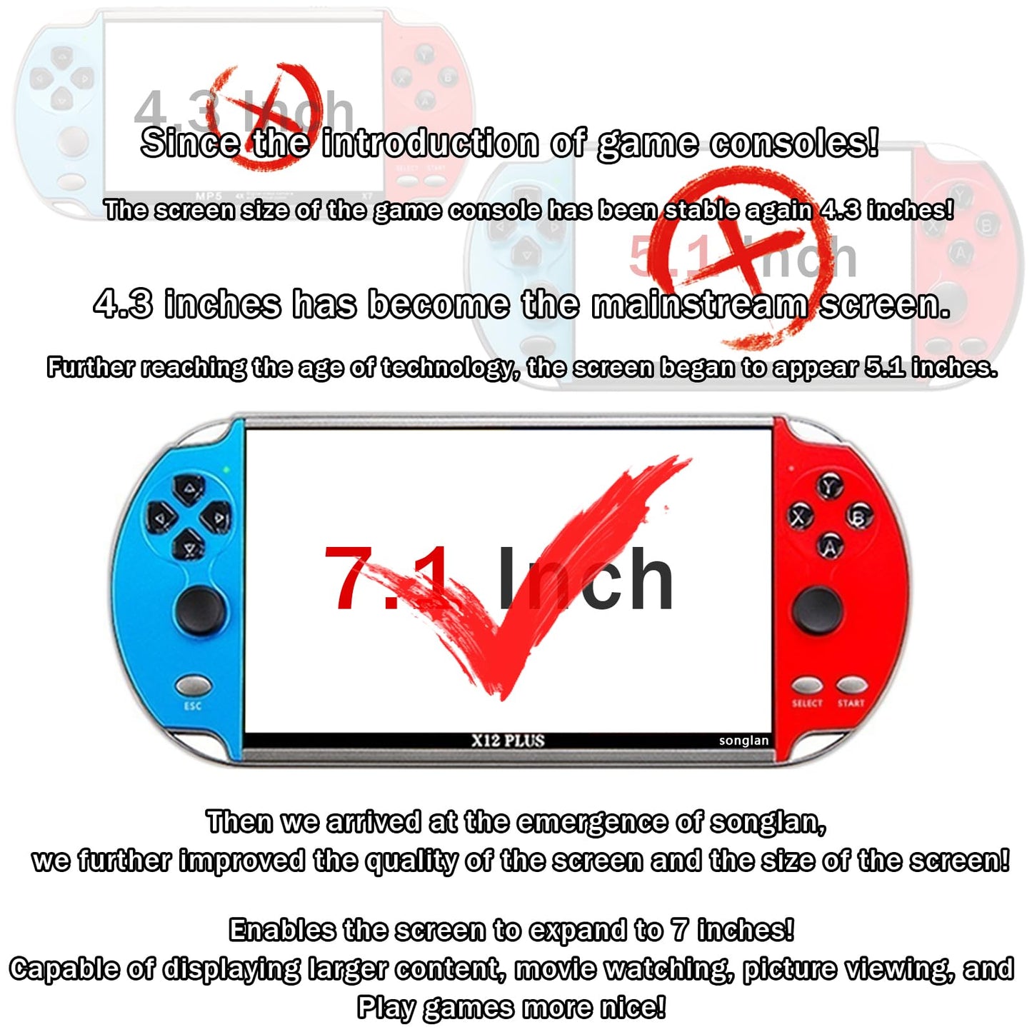 FAITDER X12 Plus 7-Inch HD Handheld MP5 - 10000+ Games, Dual Joystick, Blue & Red