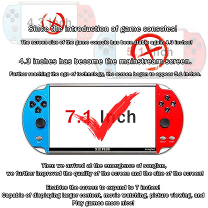 FAITDER X12 Plus 7-Inch HD Handheld MP5 - 10000+ Games, Dual Joystick, Blue & Red